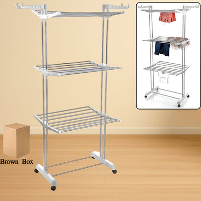 3-tier foldable Cloth Drying Stand in stainless steel with wheels, shown open for use.