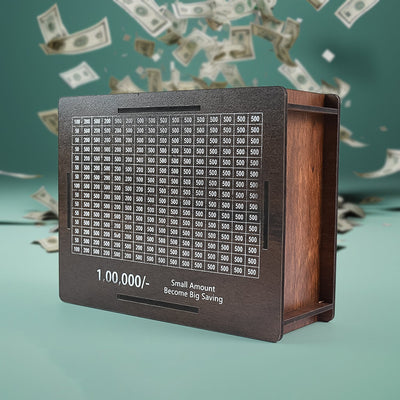 Wooden piggy bank money box with carved design for kids' savings