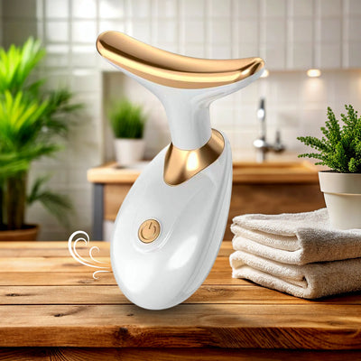 Cordless heated neck and face massager with a curved, contoured head