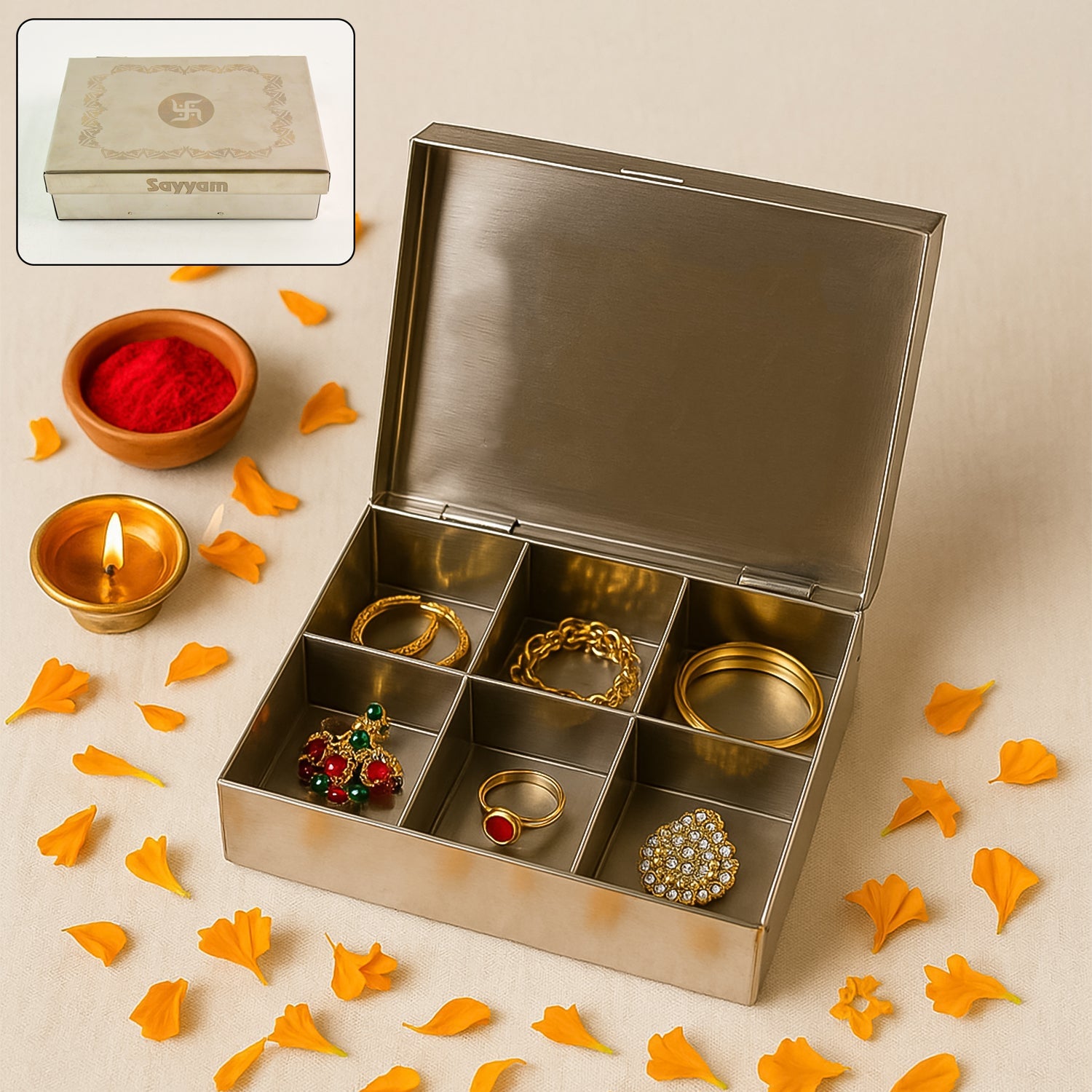 Stainless Steel Jewelry Organizer – 6-Compartment Storage Box
