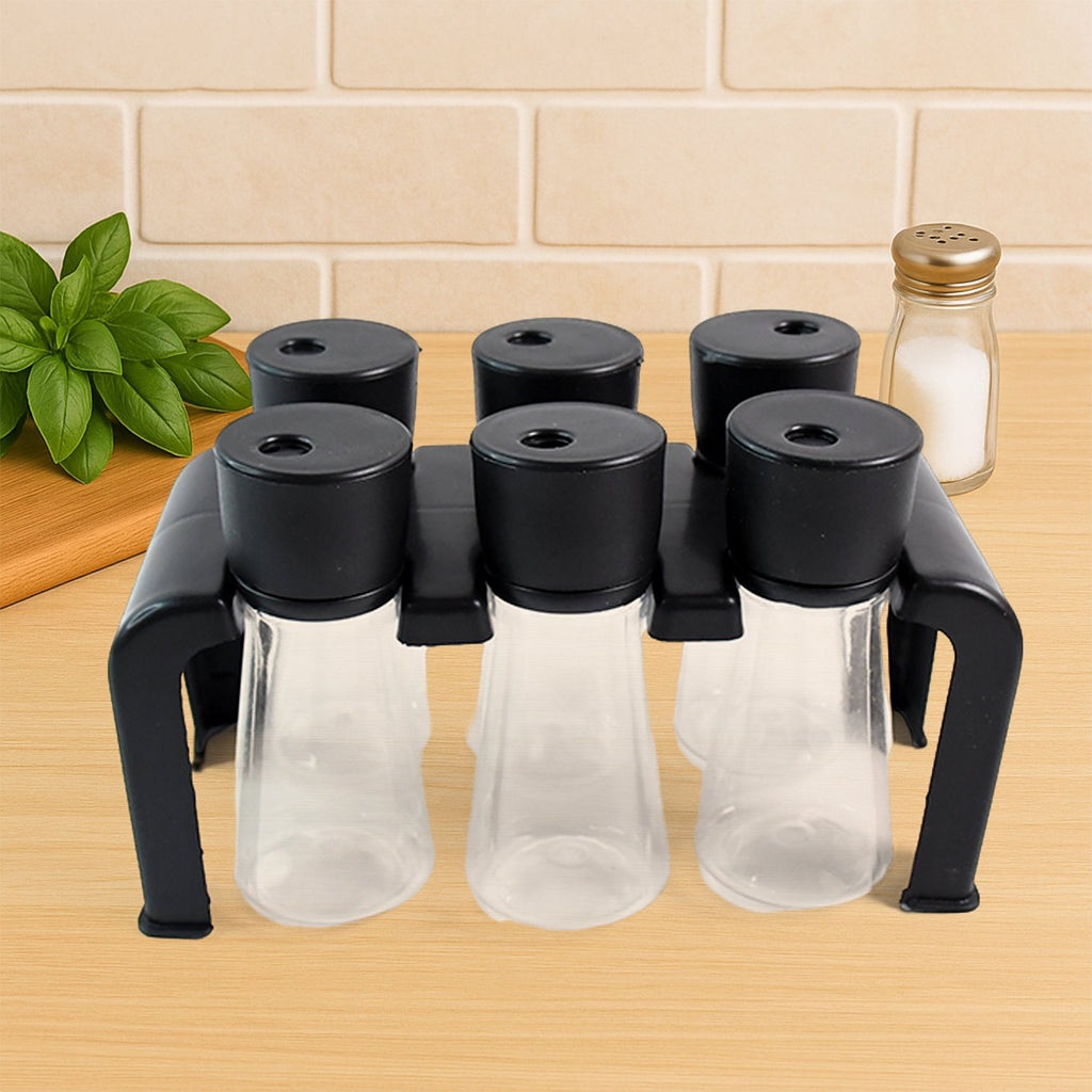 Plastic Spice Jar Set – 6-Piece Rotating Lid Organizer with Stand