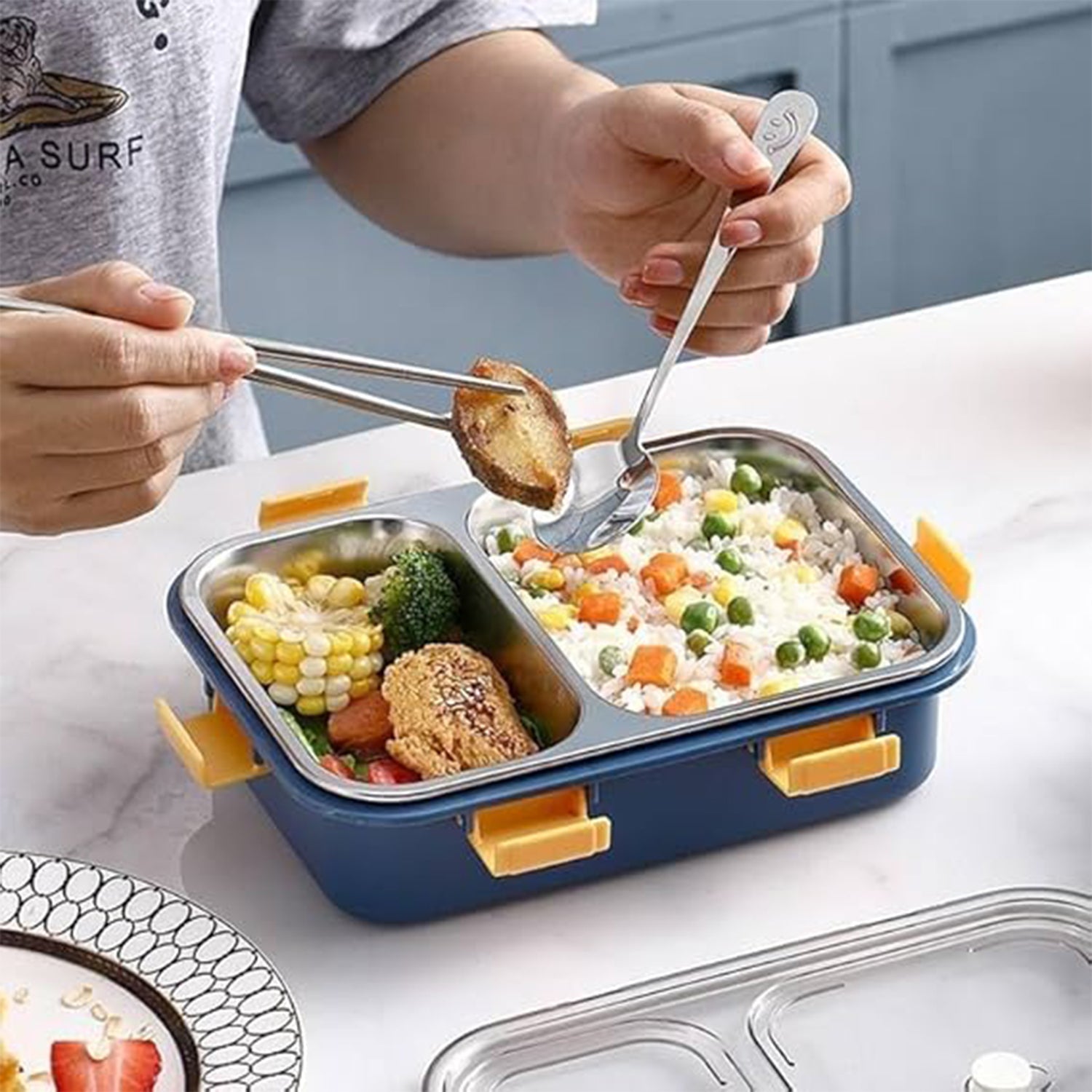 Stainless Steel Lunch Box 2 Section – Leakproof & Durable with Spoon