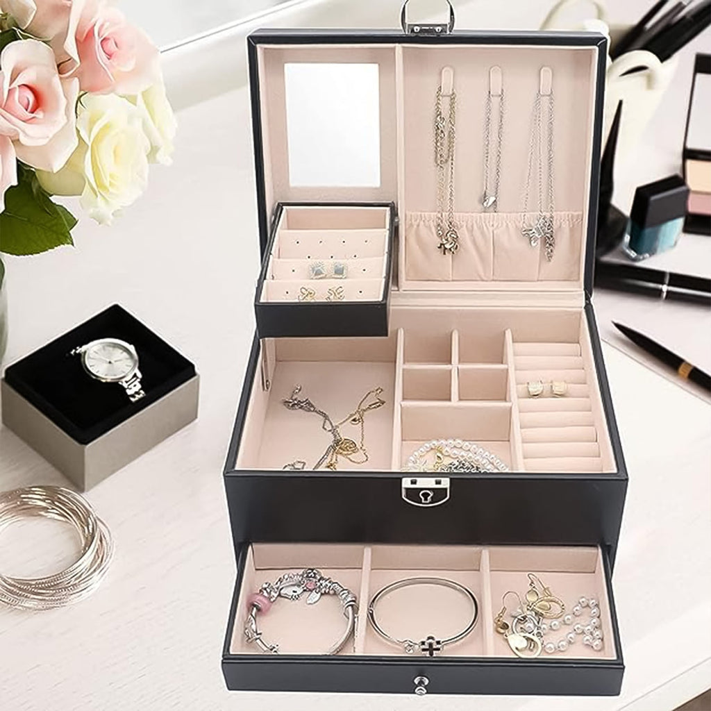 Jewellery Organizer Box – Multi-Layer Velvet Storage with Lock