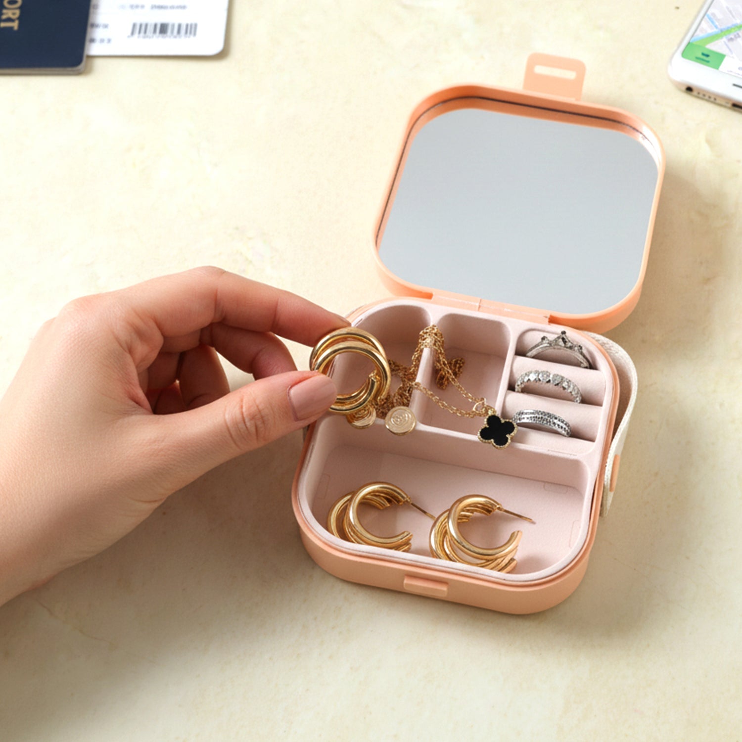 Mini Jewelry Storage Box – Compact Travel Organizer with Mirror