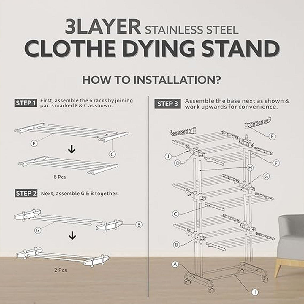Cloth Drying Stand – 3-Tier Foldable Stainless Steel with Wheels