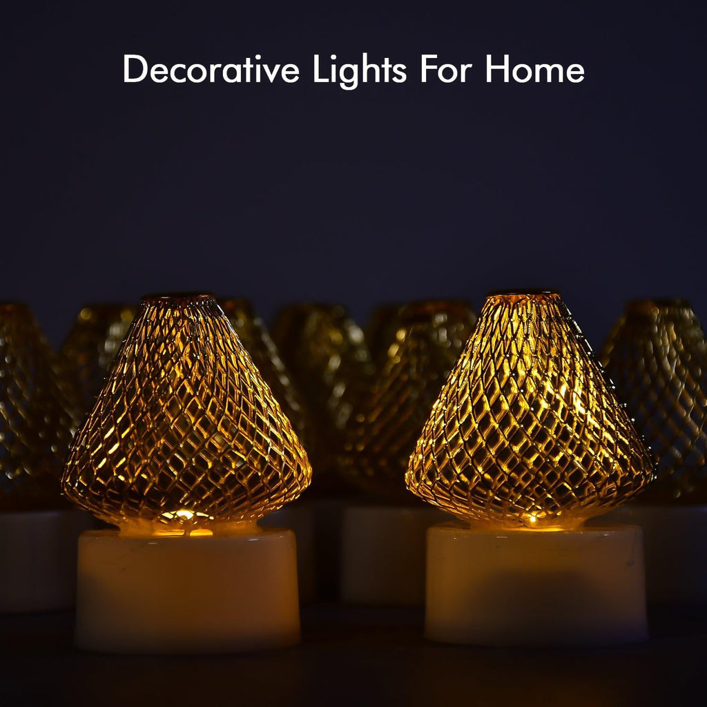 LED Flameless Candle Lights – Set of 12 with Golden Net Cover