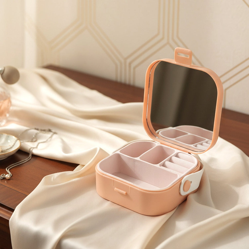 Mini Jewelry Storage Box – Compact Travel Organizer with Mirror