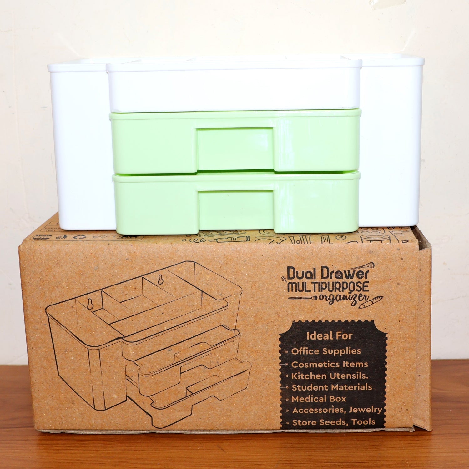 Desktop Organizer – 2-Layer with Dual Drawers & Side Bin for Home & Office