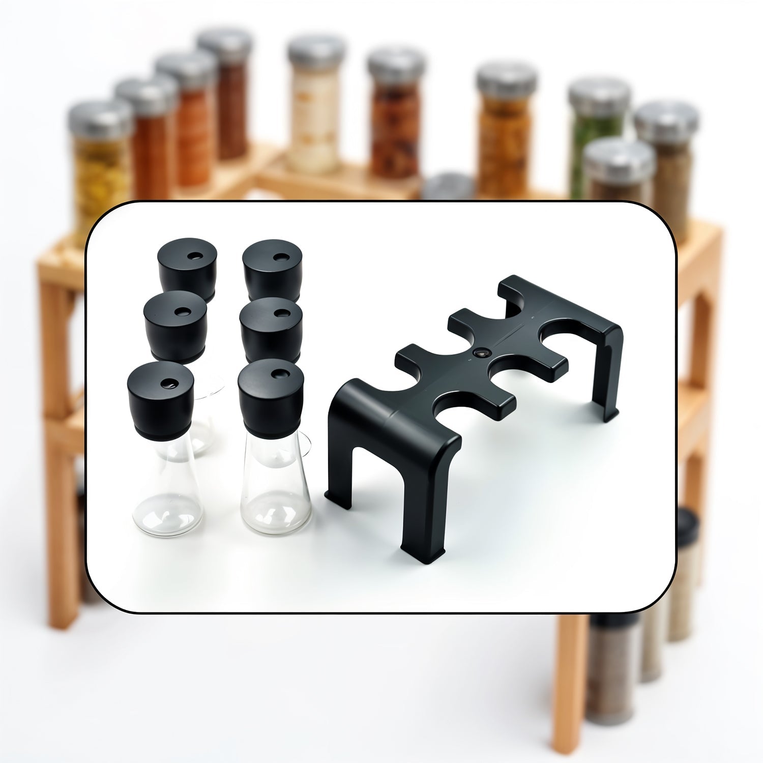 Plastic Spice Jar Set – 6-Piece Rotating Lid Organizer with Stand