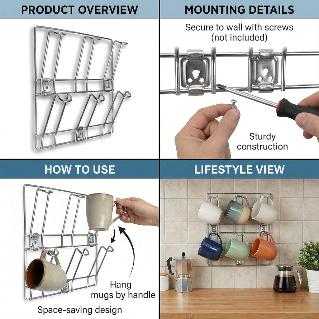 Stainless Steel Mug Holder Rack – Space-Saving Kitchen Organizer