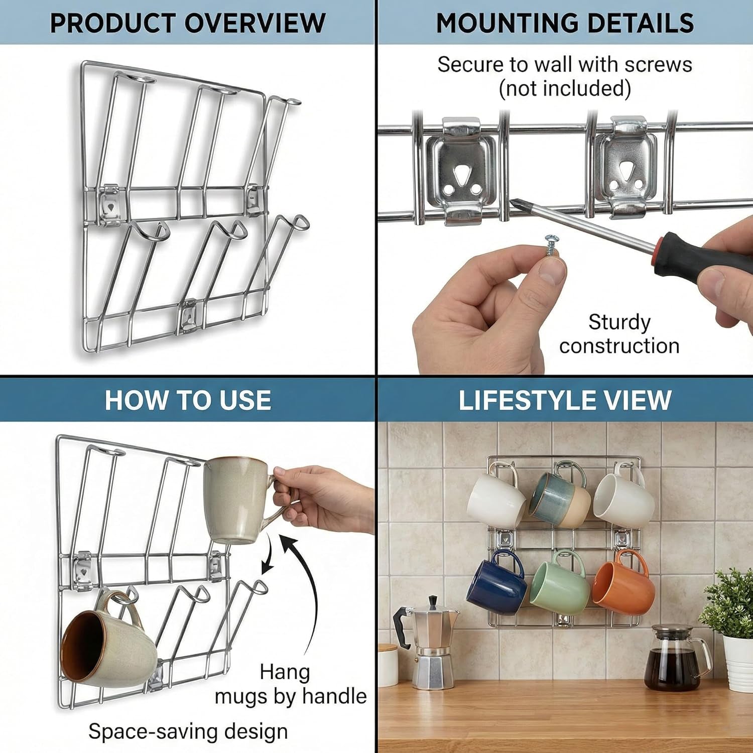 Stainless Steel Mug Holder Rack – Space-Saving Kitchen Organizer