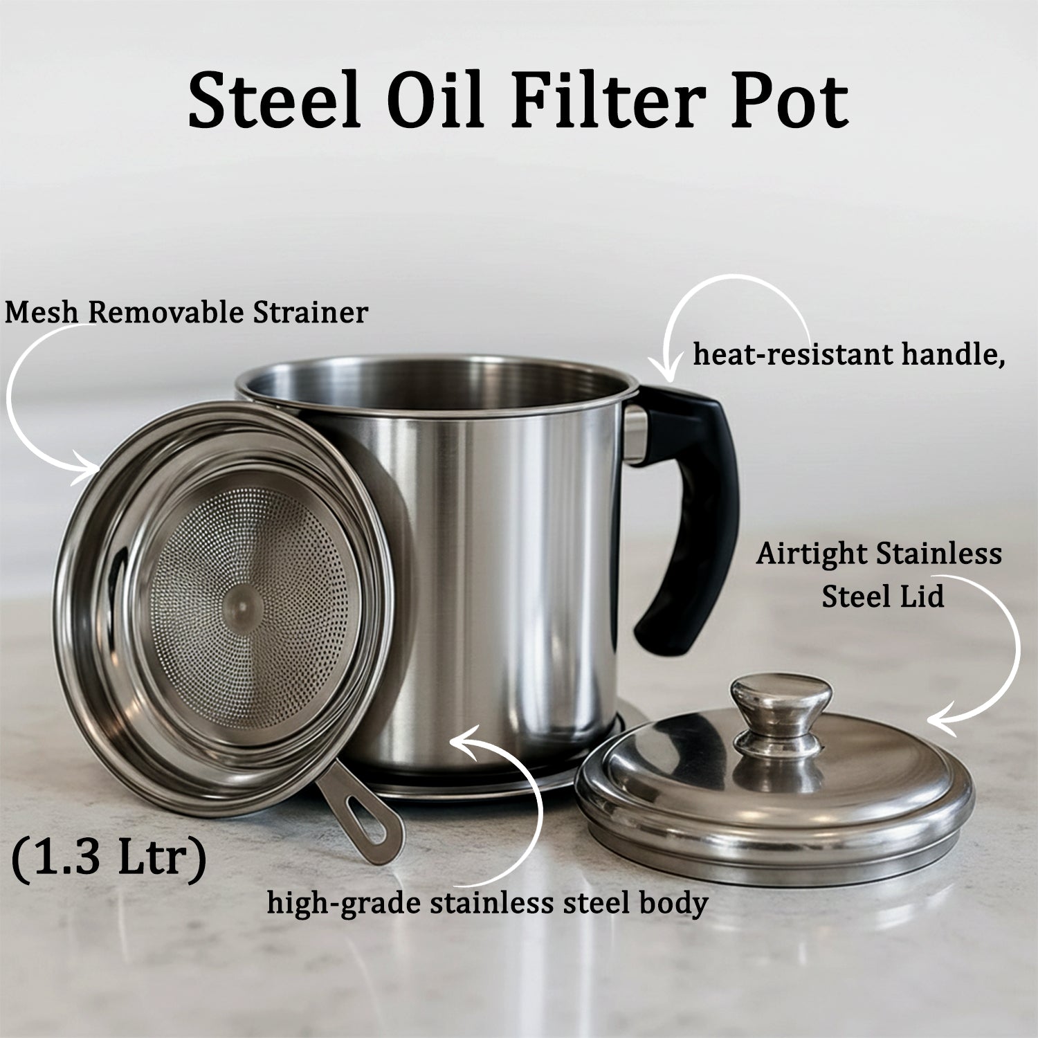 Stainless Steel Oil Filter Pot – 1.3L Durable & Reusable