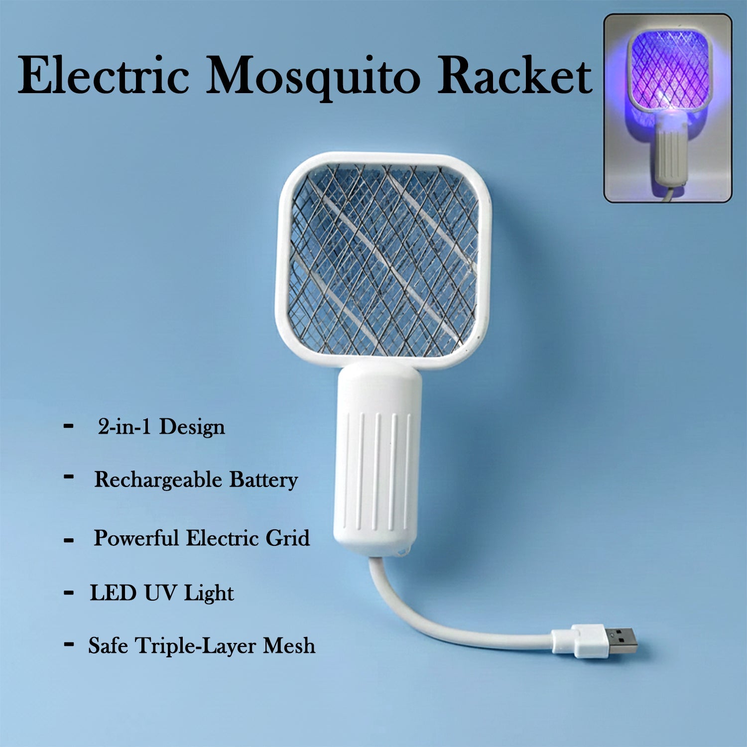Electric Mosquito Swatter Racket – Rechargeable USB Bug Zapper