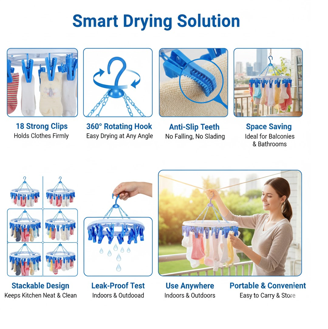 18-Clip Cloth Drying Hanger – Round Plastic for Delicates | Indo Glow