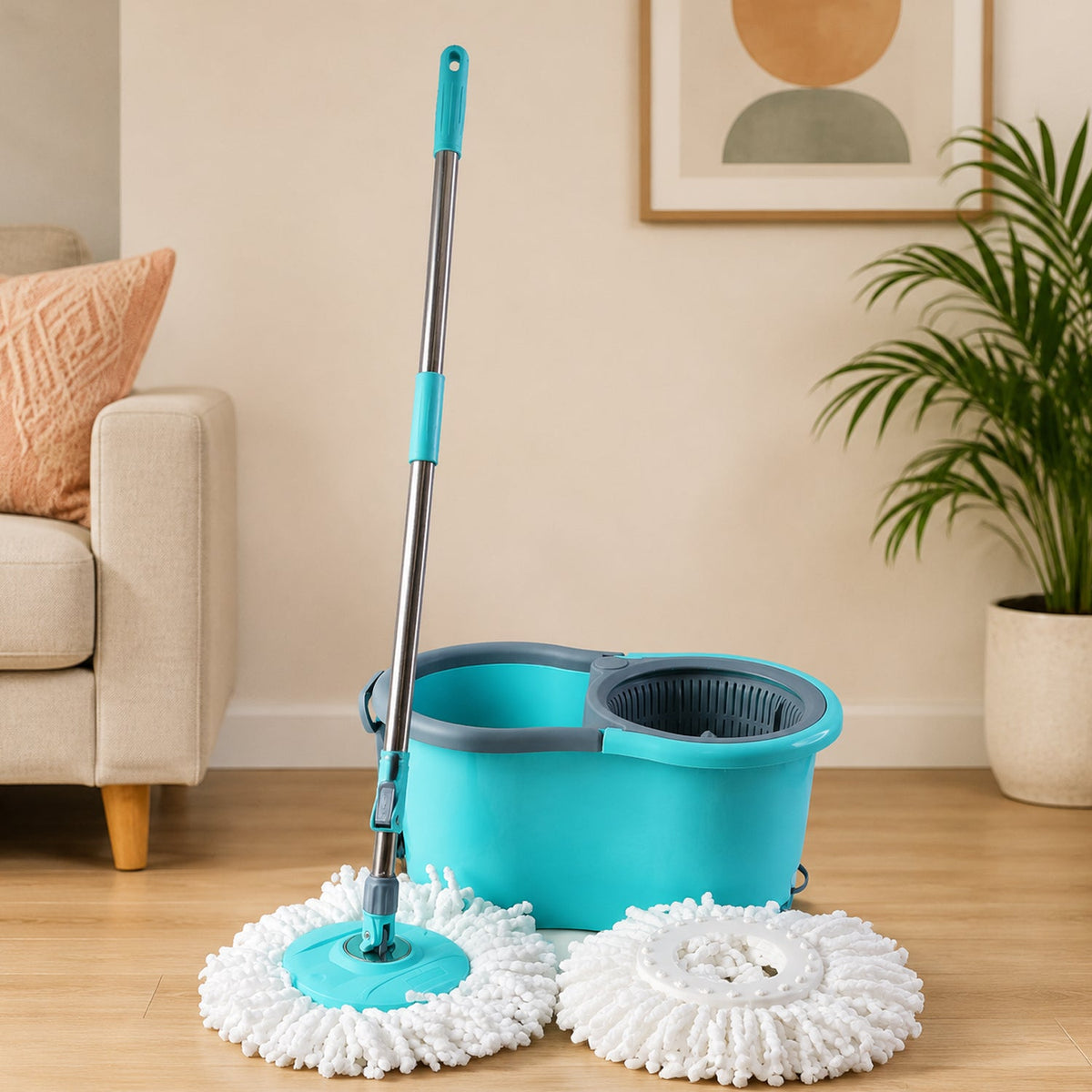 Front view of plastic spin mop set with bucket and microfiber head