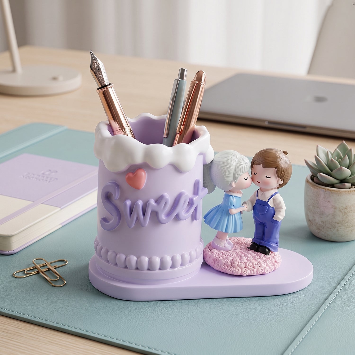 Cute Couple Pen Holder Ð Adorable Resin Desk Organizer & Showpiece
