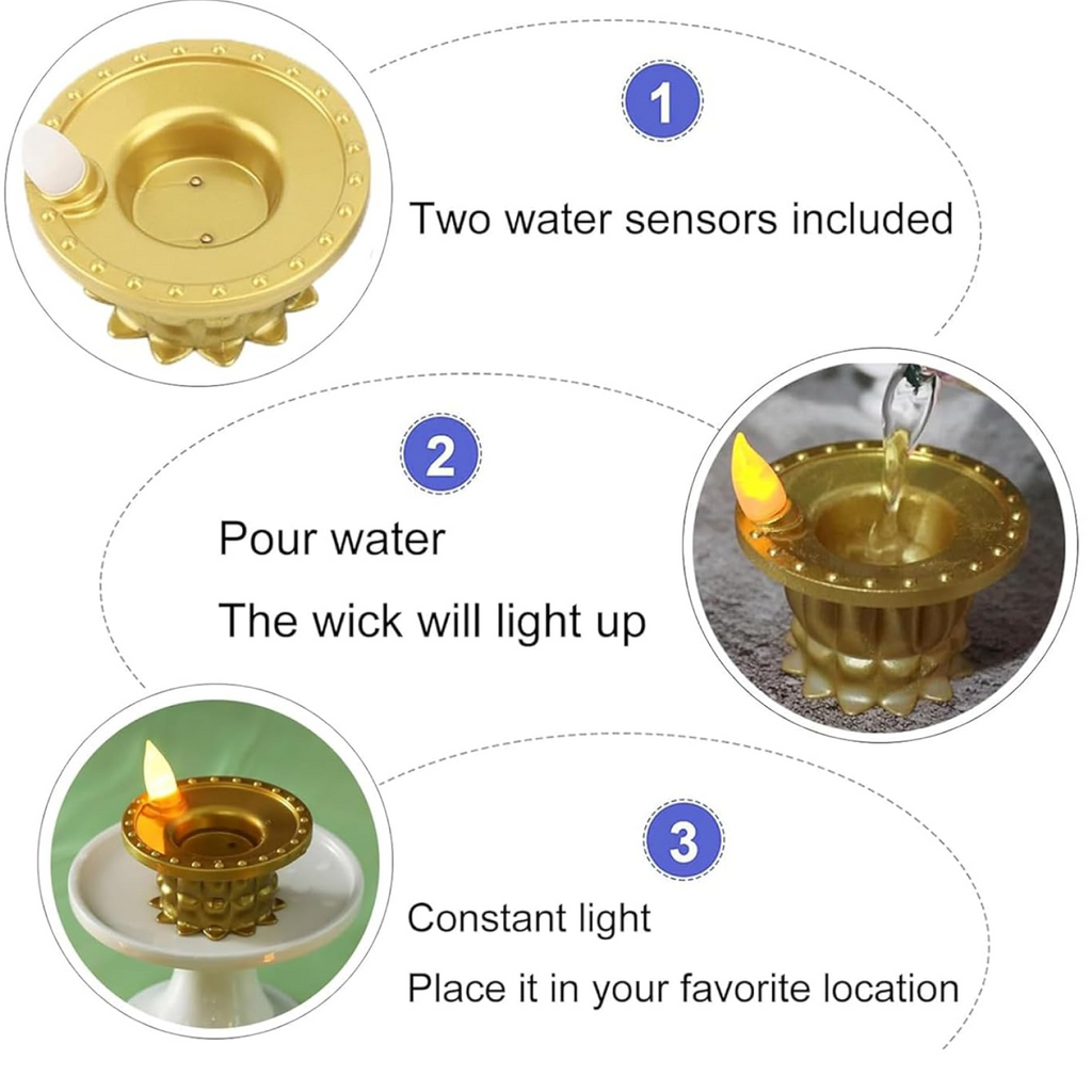 Water Sensor LED Diyas Set – Flameless Golden for Festive Decor