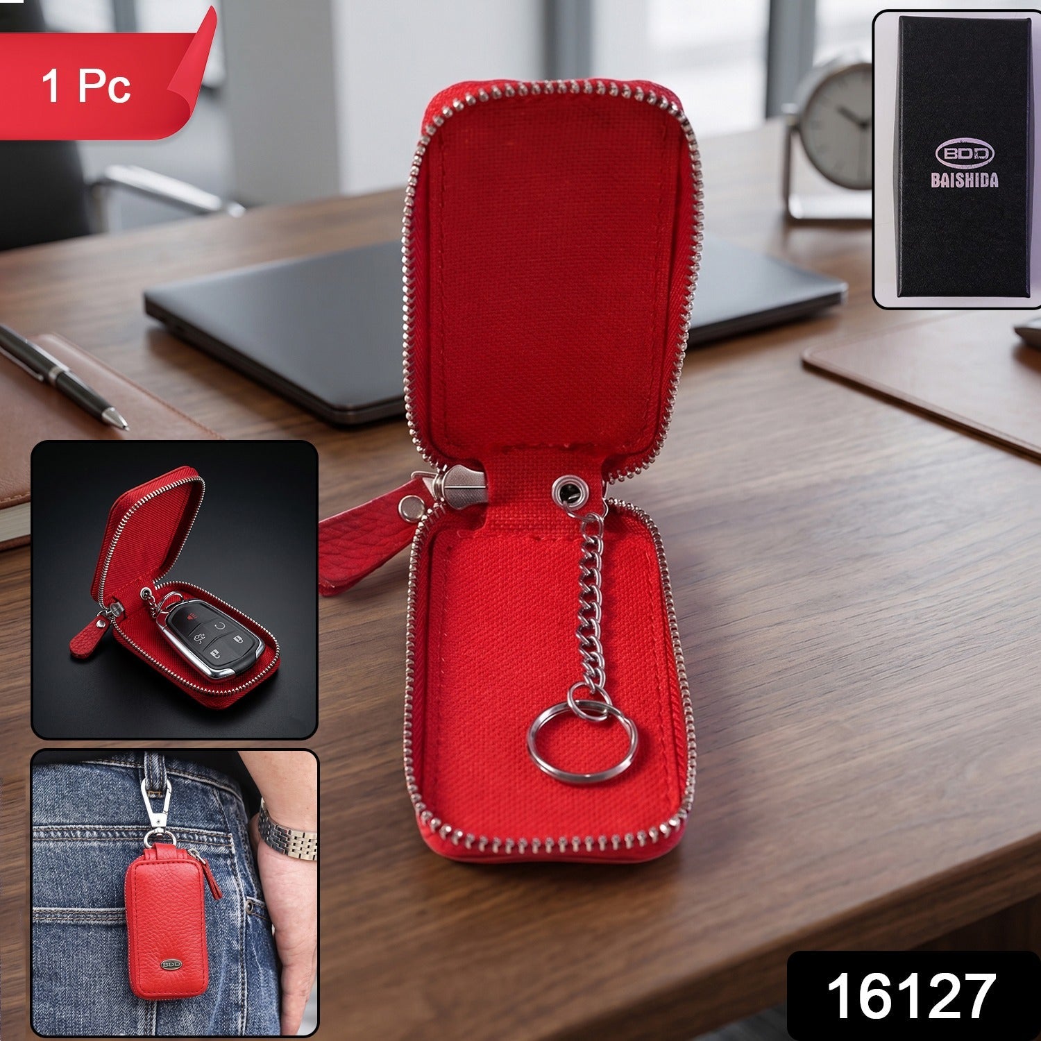 Leather Car Key Case Ð Durable & Compact with Snap Hook for Easy Carrying