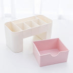 Top-down view of the compact cosmetic organizer, showcasing its various storage sections.
