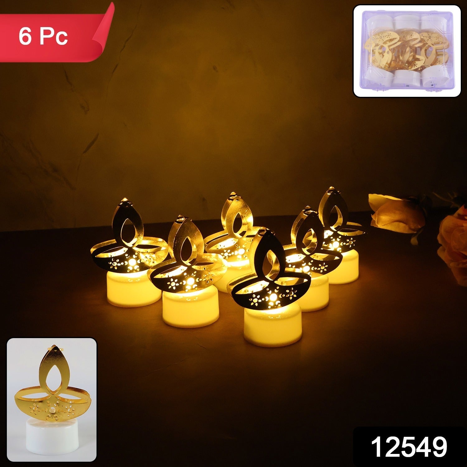 Golden Diya LED Tealight Candles – Elegant Flameless Decor Set