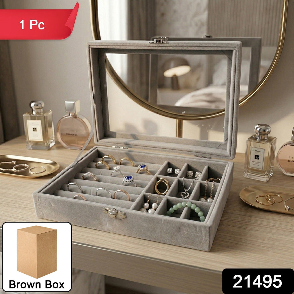 Velvet Jewellery Organizer Box Ð Transparent Lid & Multi-Compartment Storage