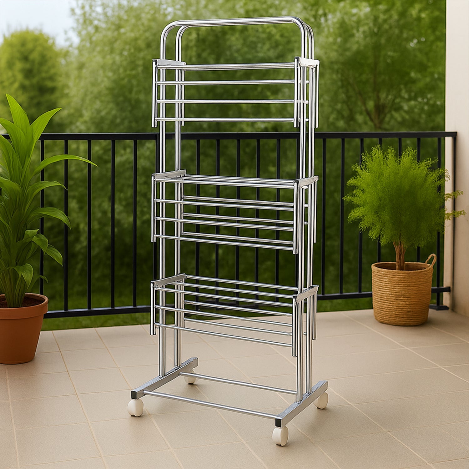 Stainless Steel Clothes Drying Stand – Foldable 3-Layer Rack with Wheels