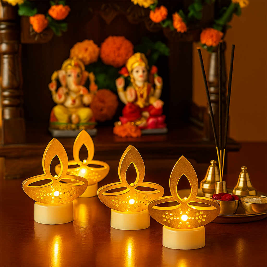 Golden Diya LED Tealight Candles – Elegant Flameless Decor Set