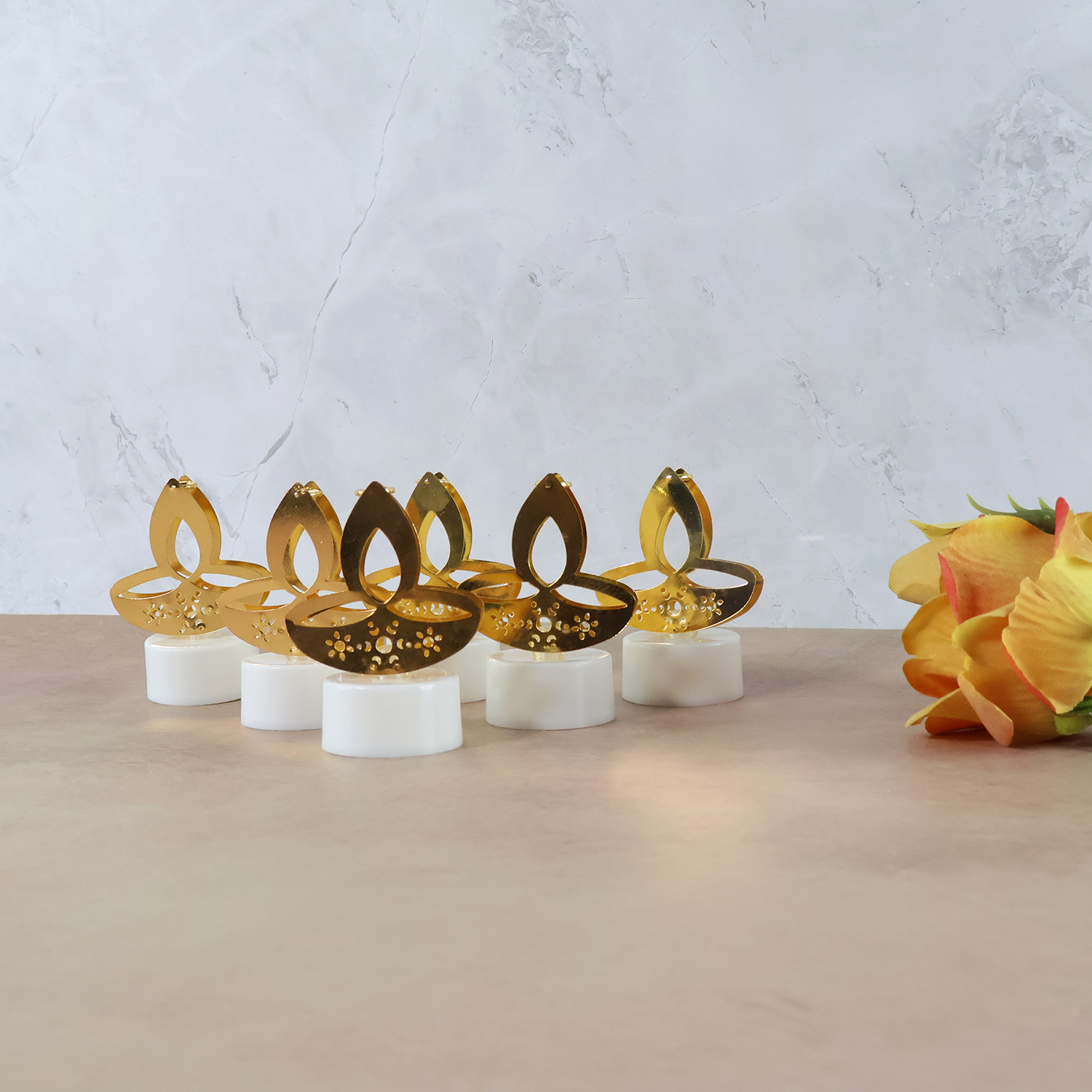 Golden Diya LED Tealight Candles – Elegant Flameless Decor Set