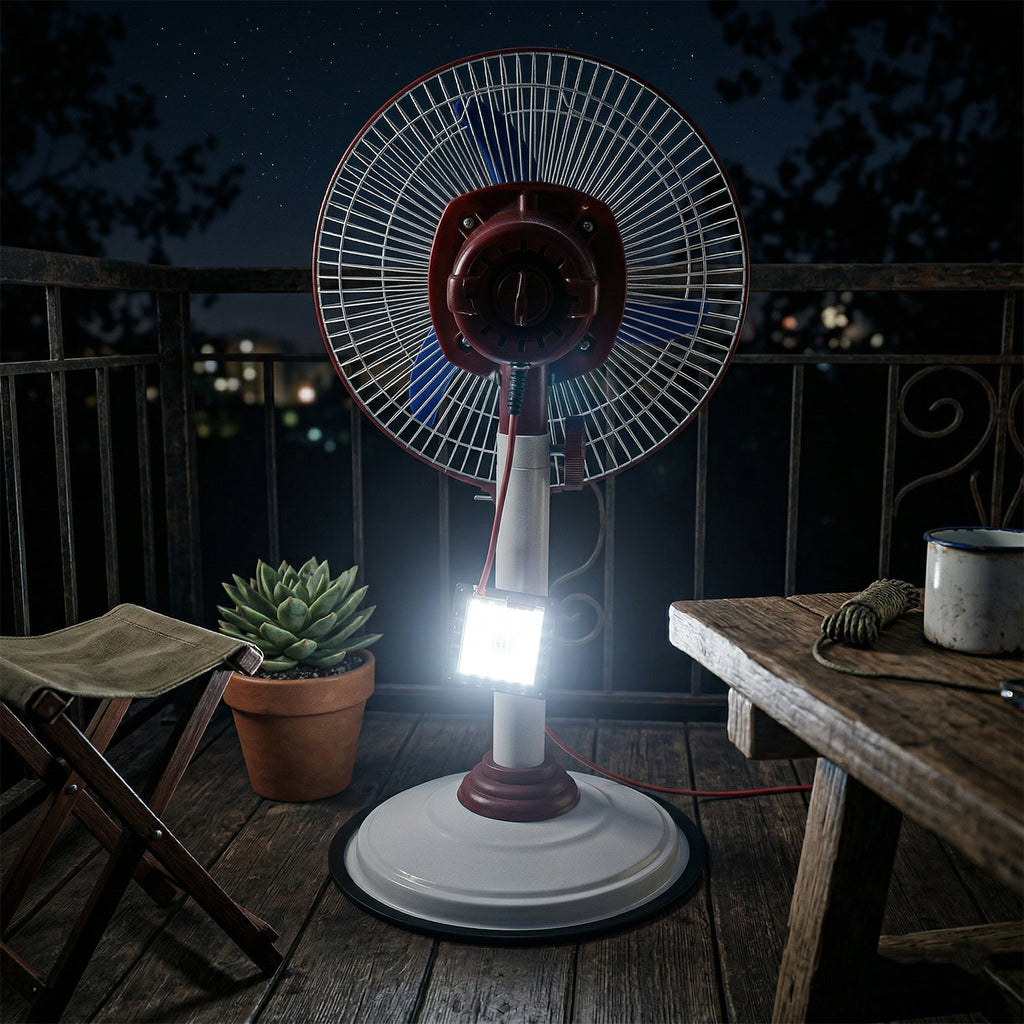 Pedestal Fan – Adjustable Height with LED Light & Rechargeable Power