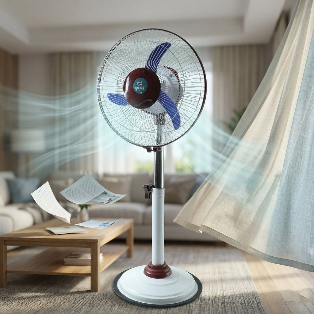 Pedestal Fan – Adjustable Height with LED Light & Rechargeable Power