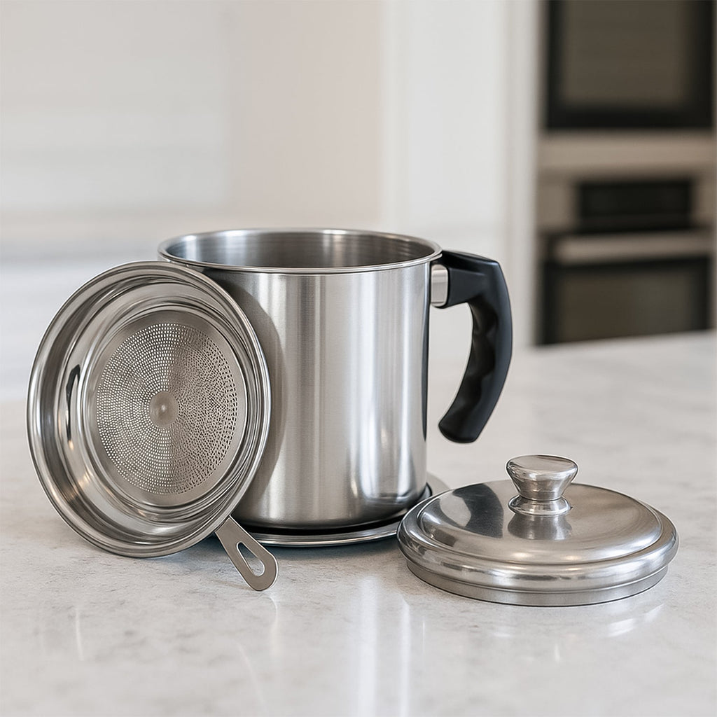Stainless Steel Oil Filter Pot – 1.3L Durable & Reusable