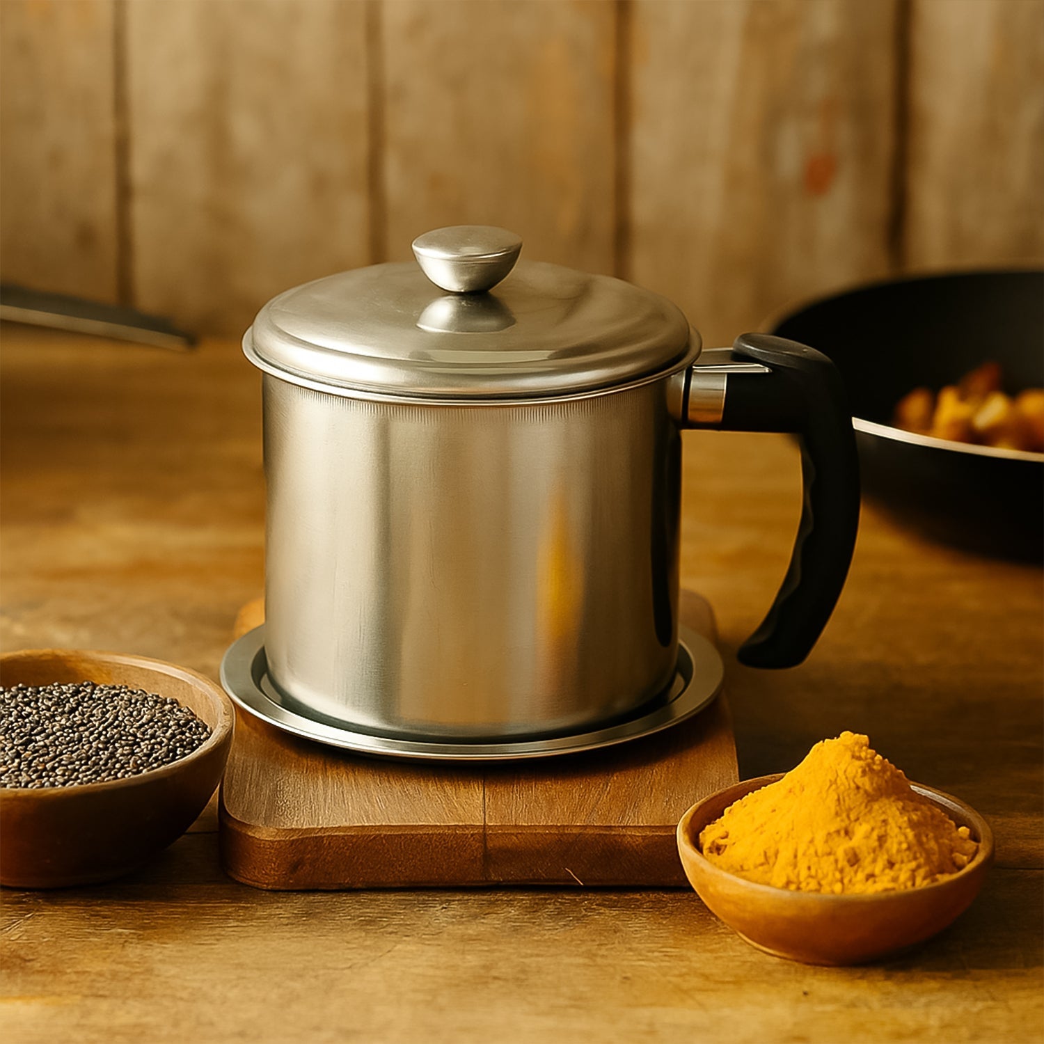 Stainless Steel Oil Filter Pot – 1.3L Durable & Reusable