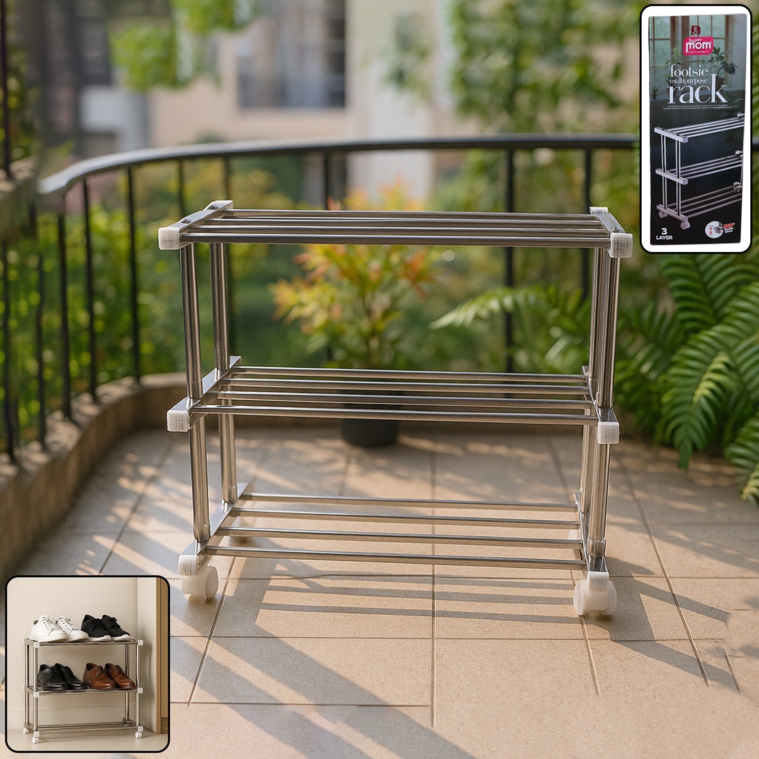3-Layer Stainless Steel Shoe Rack – Durable & Space-Saving Organizer