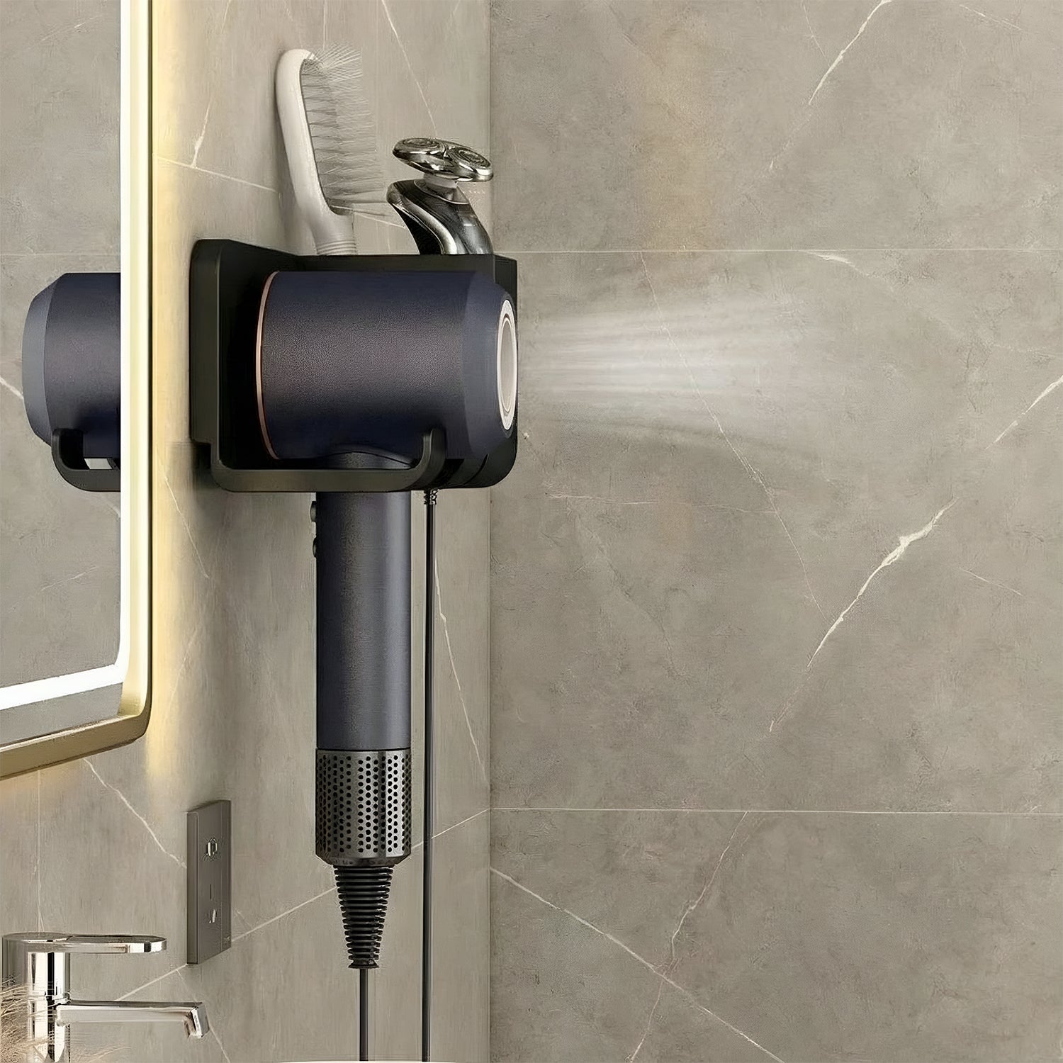 Wall Mounted Hair Dryer Holder – Space-Saving Organizer Shelf & Hook