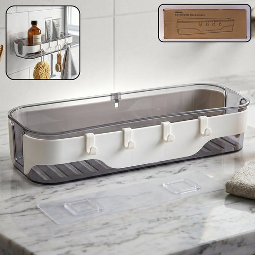 Modern transparent bathroom wall shelf with white accents and three hooks for accessories