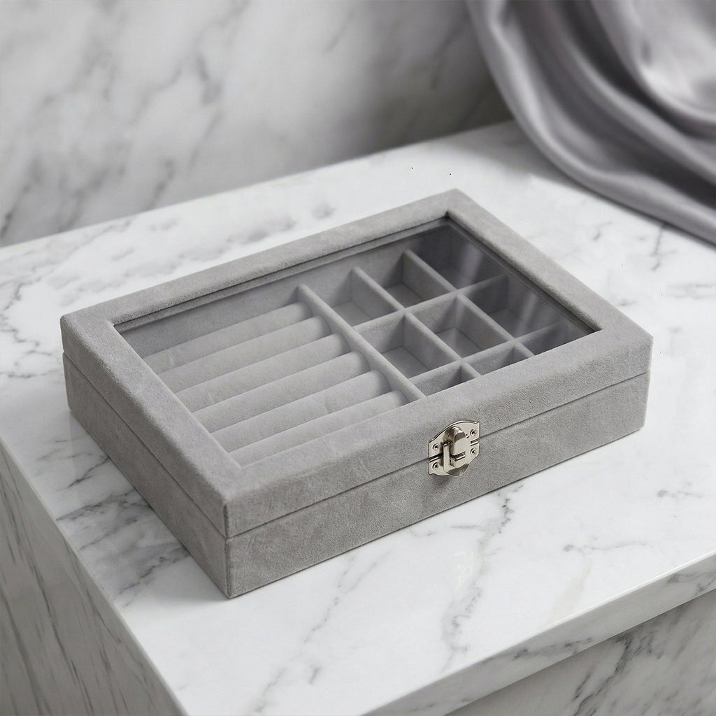 Velvet Jewellery Organizer Box Ð Transparent Lid & Multi-Compartment Storage