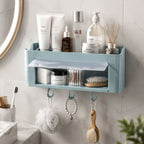 Bathroom or kitchen wall shelf with hooks and dustproof cover